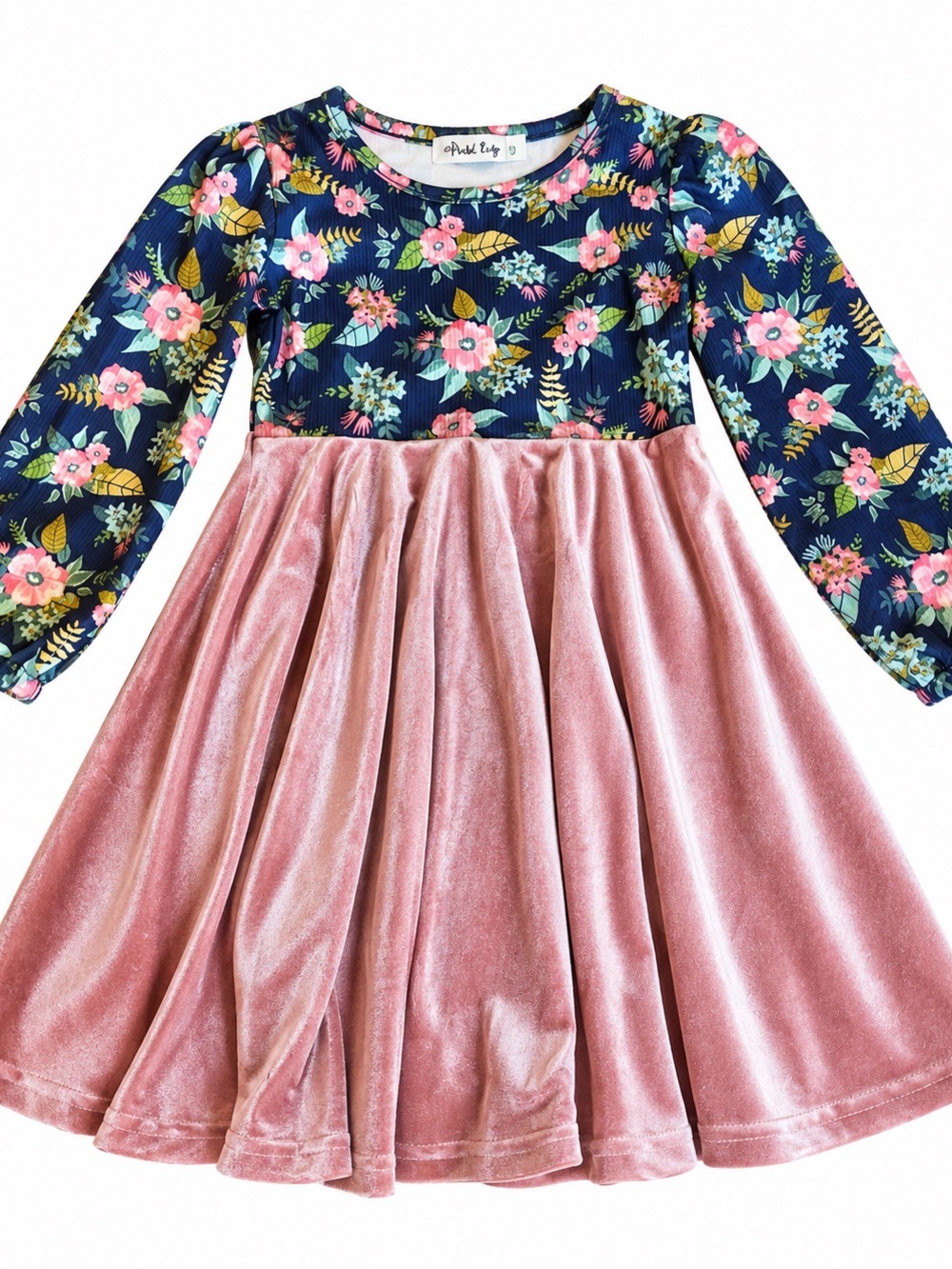 Orchid Lane Navy Floral Top with Pink Velvet Skirt Girls' Dress